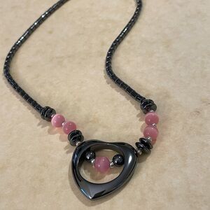 Hematite Open Heart Pendant Necklace with Cat Eyes Bead Accents 18”